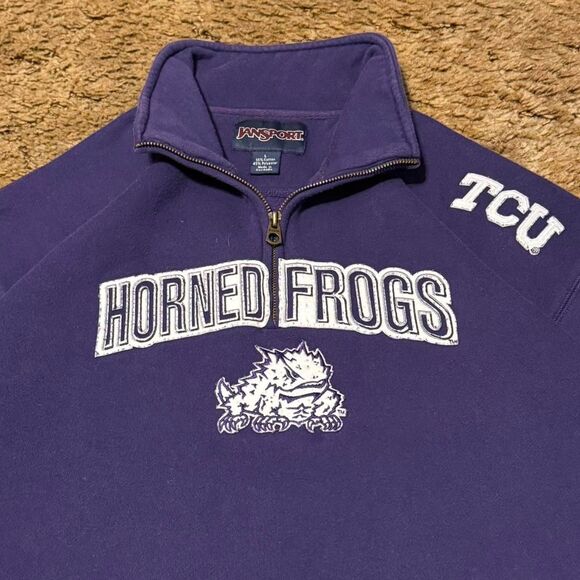 Vintage TCU Horned Frogs College Sportswear Jansport Sweatshirt Purple Large - Picture 2 of 8